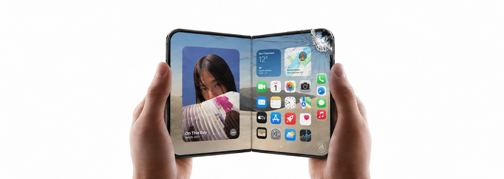 Ekranı kırılmış katlanabilir iPhone görseli